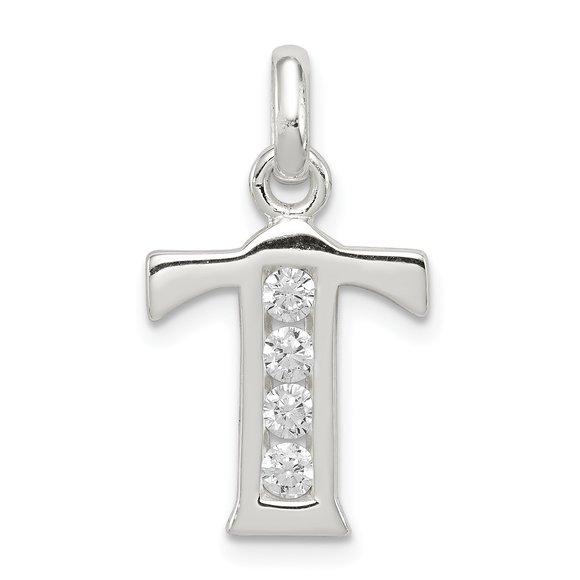 Sterling Silver White CZ Letter T Initial Pendant - Picture 1 of 4